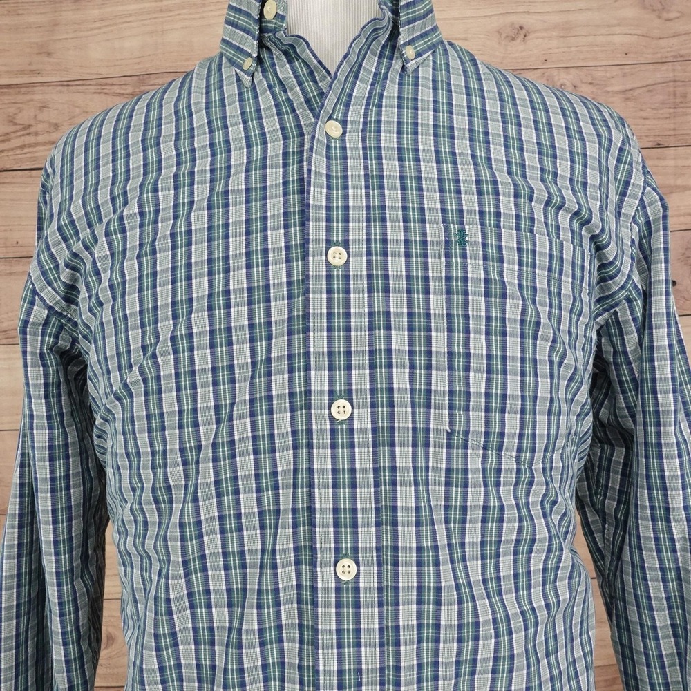 IZOD Shirt Mens L Blue Green Plaid Long Sleeve Button-Up Cotton Pocket Casual